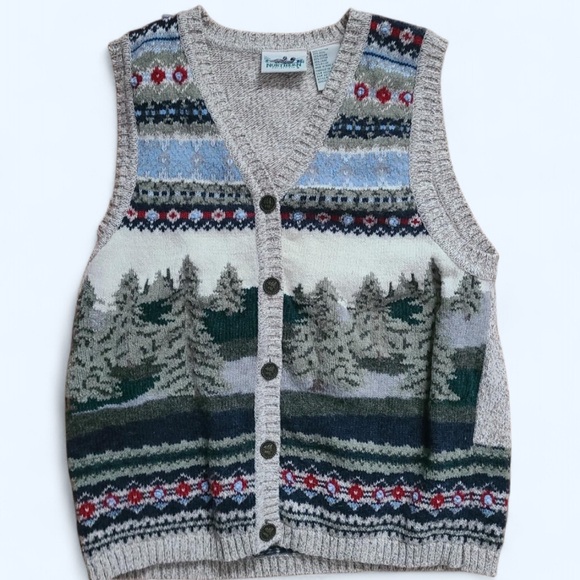 Northern Reflections Sweaters - 90s Northern Reflections Green Stripes Tree Nature Print Cabincore Sweater Vest